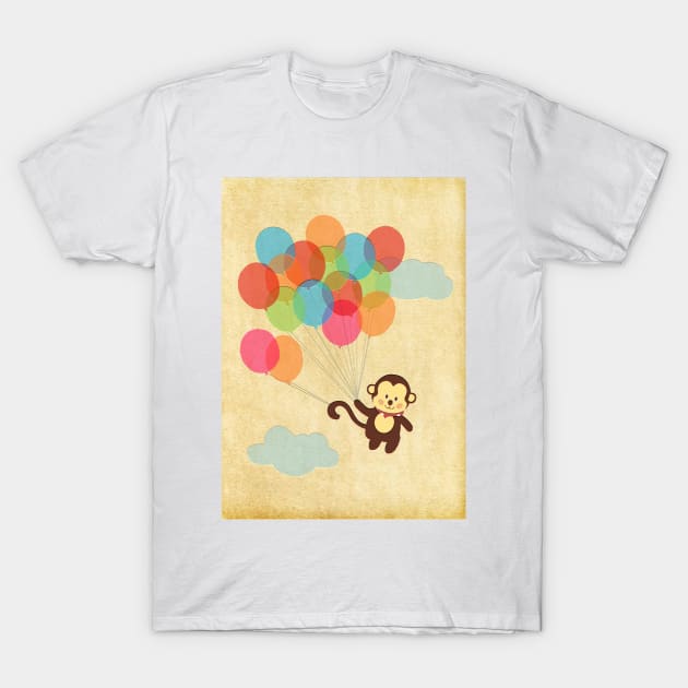 Adorable Monkey Flying Away with Balloons T-Shirt by RumourHasIt